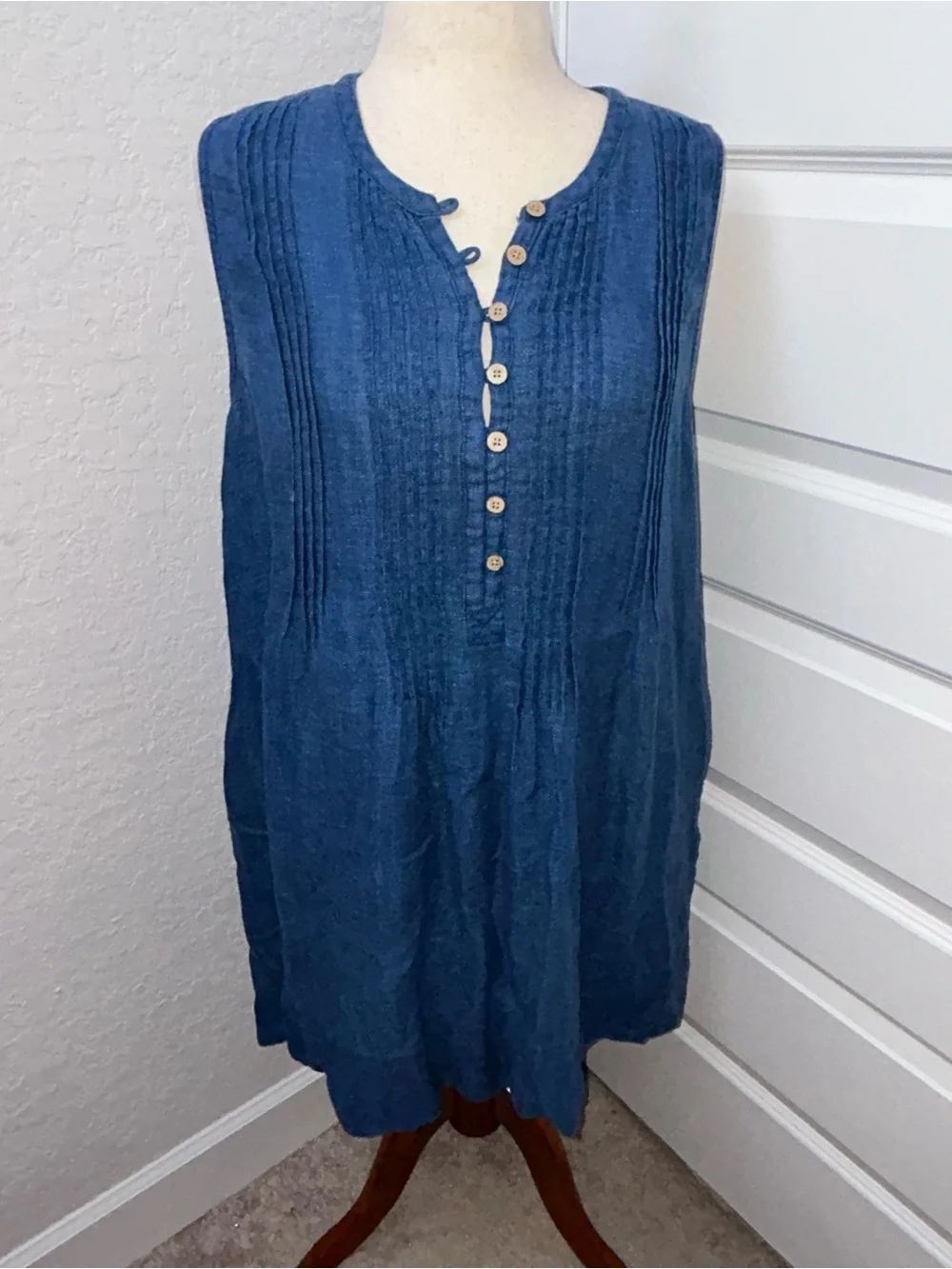 Faherty Isha Basketweave 100% Linen Sleeveless Shift Tunic Knee Length Dress